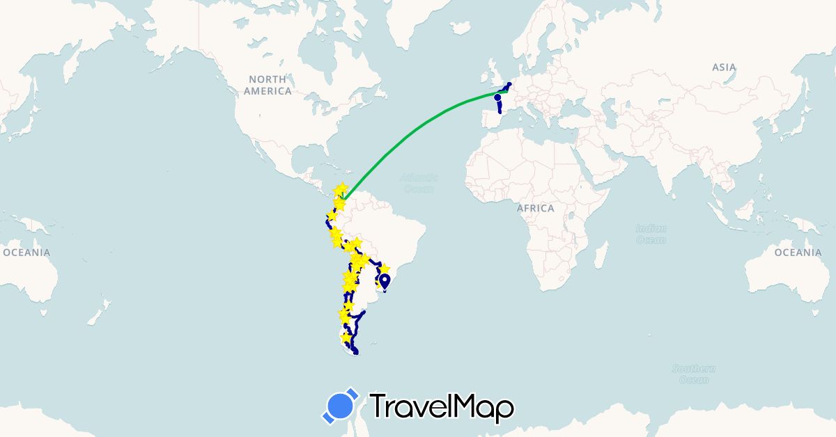 TravelMap itinerary: driving, train, b90, ship, air in Argentina, Bolivia, Brazil, Chile, Colombia, Ecuador, Spain, France, Netherlands, Peru, Paraguay, Uruguay (Europe, South America)